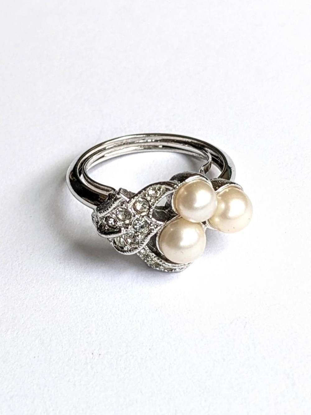 Avon Silver-Tone Ring with Ivory Pearl Trio and Crystal Accents